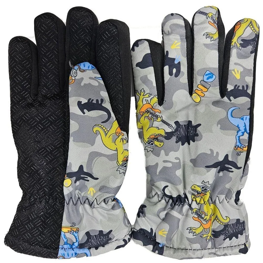 Kids Winter Gloves, Boys Girls Ski Glove, Faux Fur Lined Dinosaur Designs, Gray